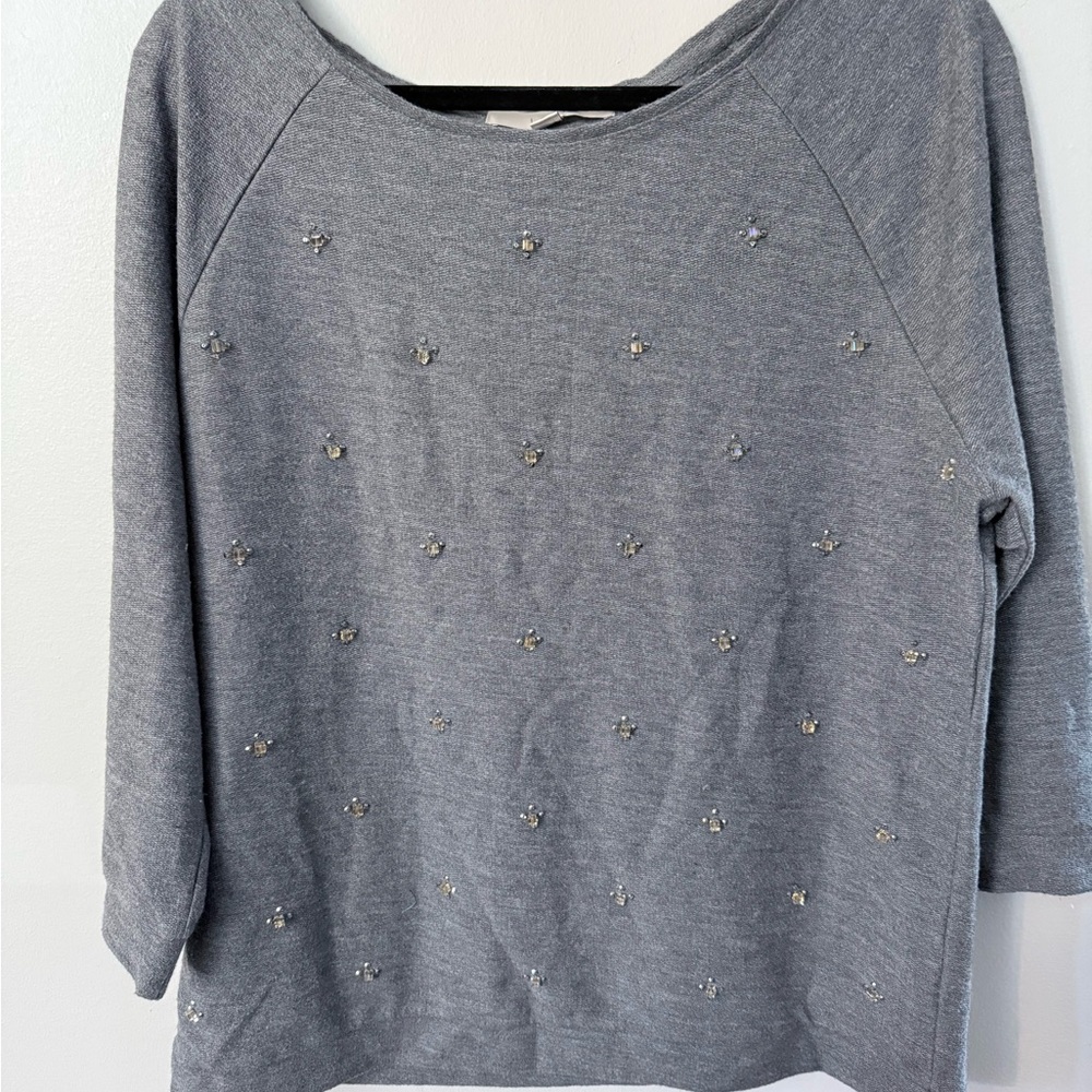 LOFT Charcoal Knit Top jeweled on front 3/4 sleeve size Large lightweight